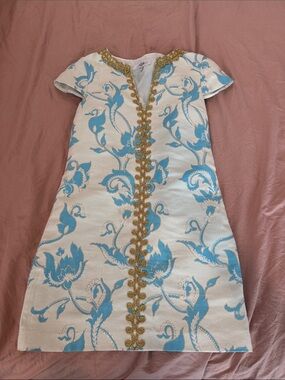 Tibi white dress with Blue Floral Embroidery and Gold Trim